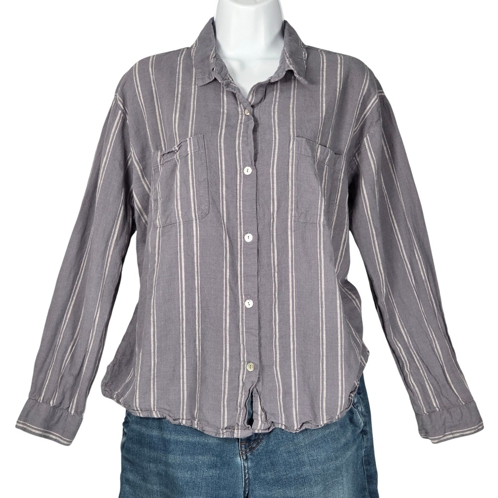 Z Supply Womens Medium Signature Stripe Button Shirt Gray Linen Rayon Blend LS